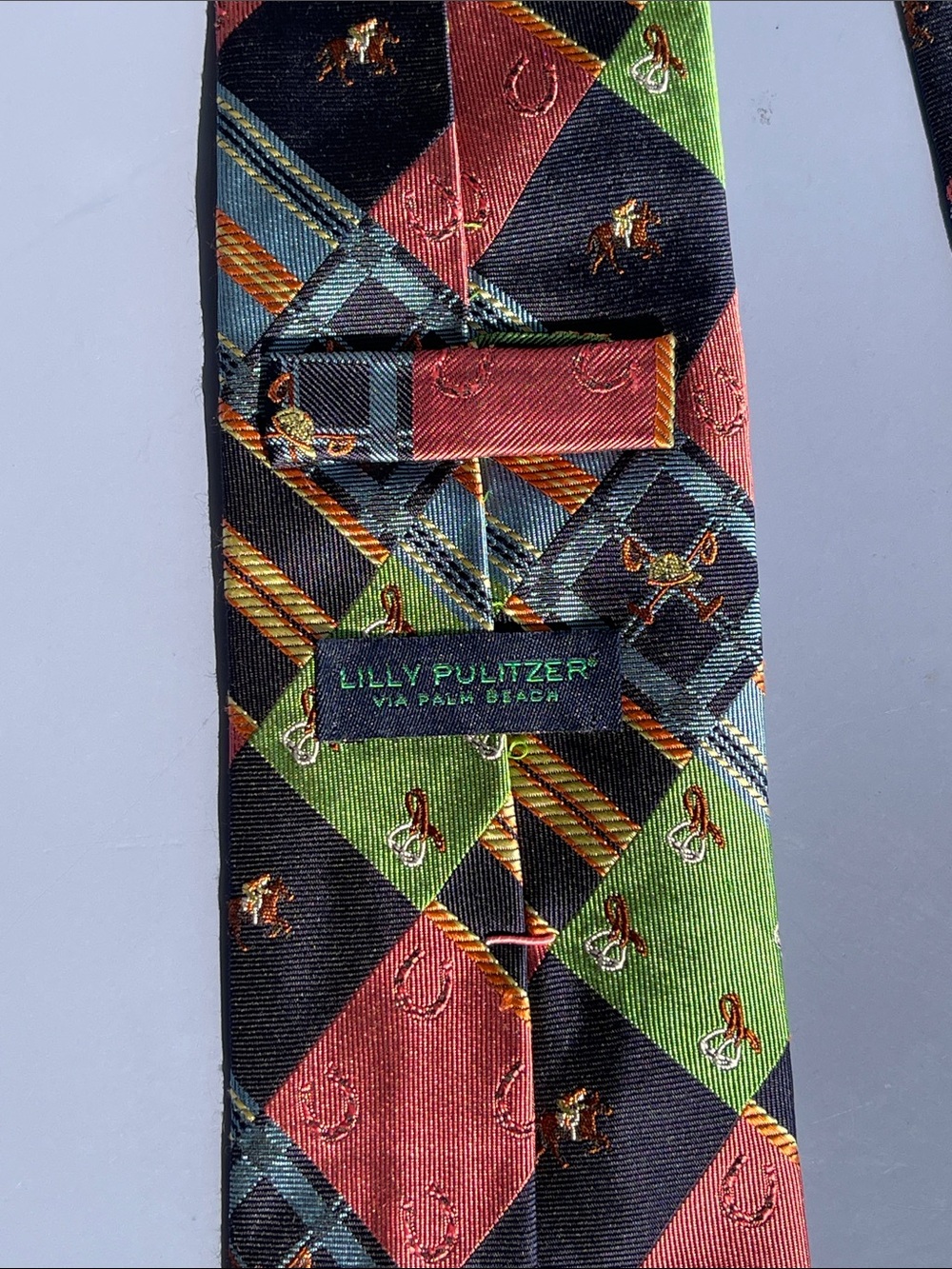 Lilly Pulitzer Vintage Kentucky Derby Silk Tie in Coral, Olive & Navy - Picture 3 of 7